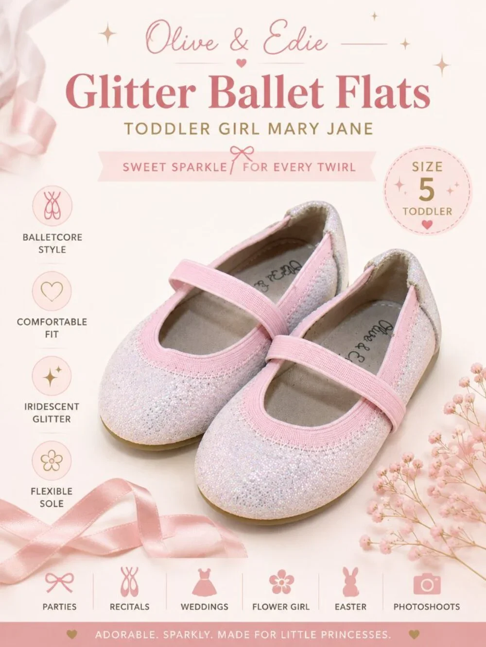 Olive & Edie Toddler Pink Glitter Ballet Flats Mary Jane Balletcore Size 5